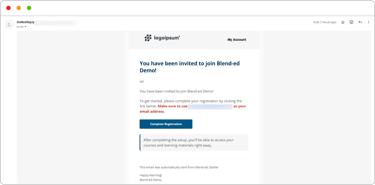 The invitation email with the Complete Registration button