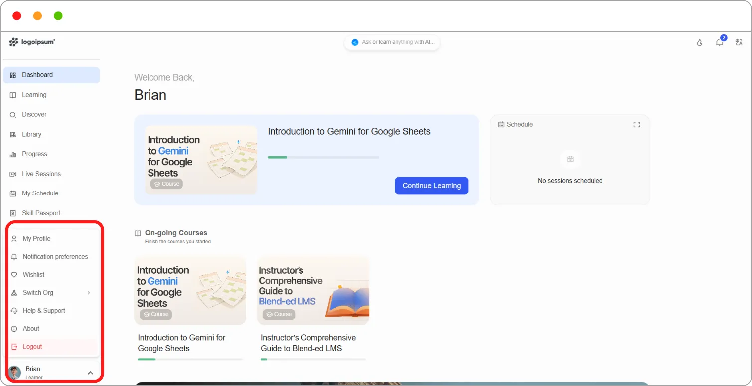 Learner user menu open, showing My Profile, Notification preferences, Wishlist, Switch Org, Help & Support, View as Instructor, About and Logout