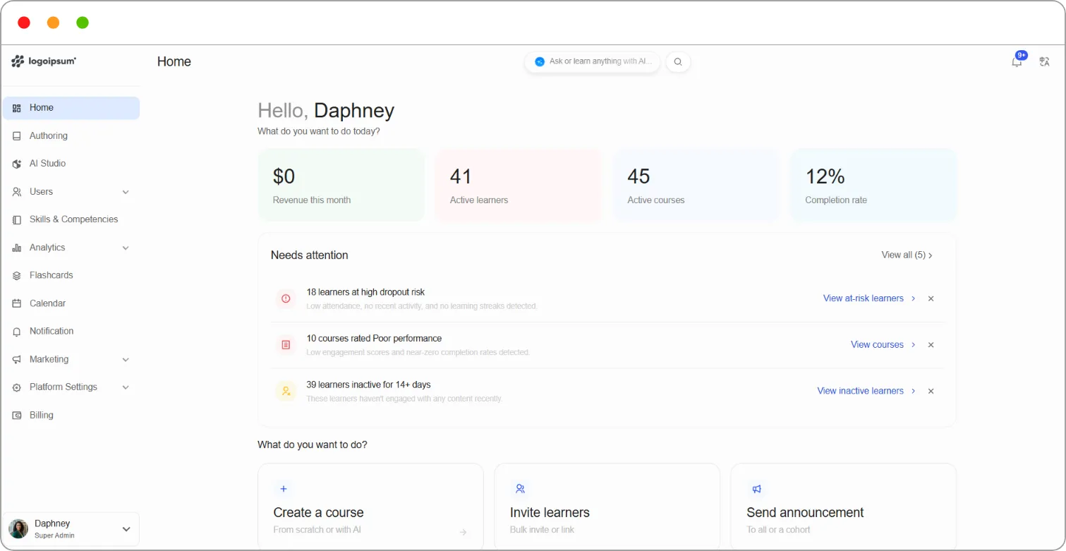 Learner user menu with View as Instructor
