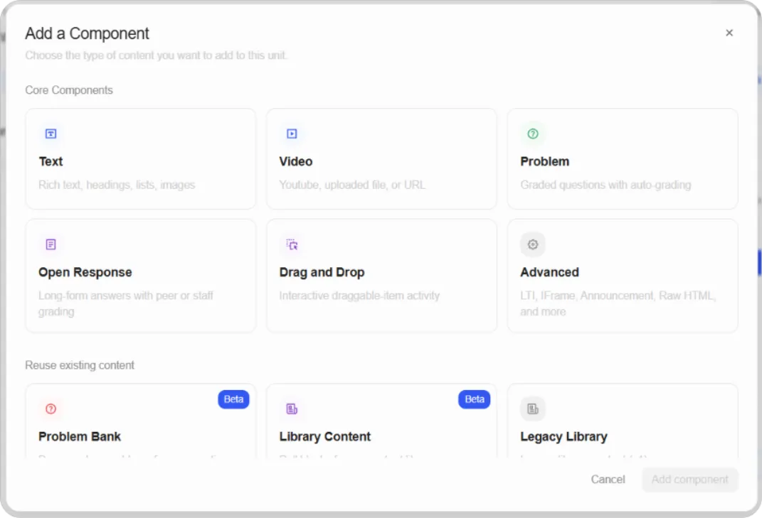 Add a Component modal showing the six Core Component cards