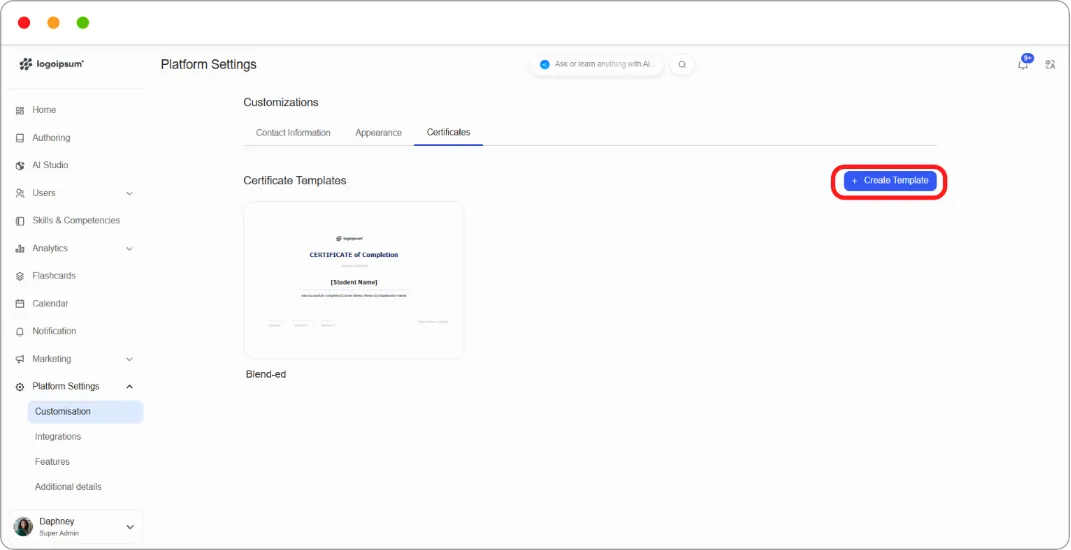 Certificates tab showing existing templates