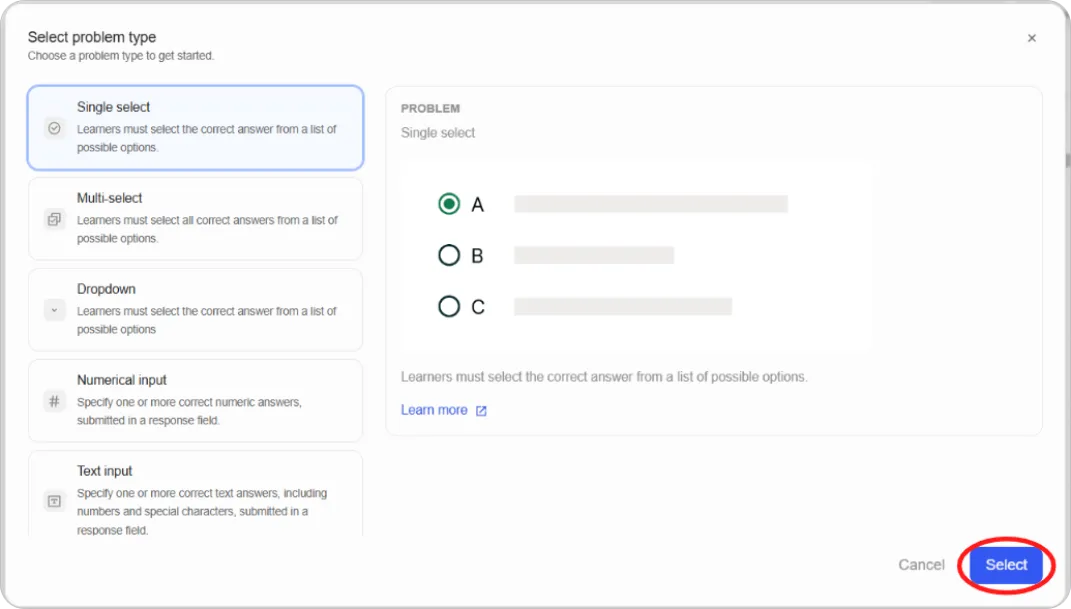 Select problem type modal with Single select highlighted and preview panel