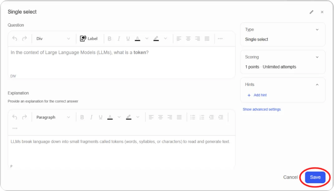 Single select editor with question, explanation, and three answer options