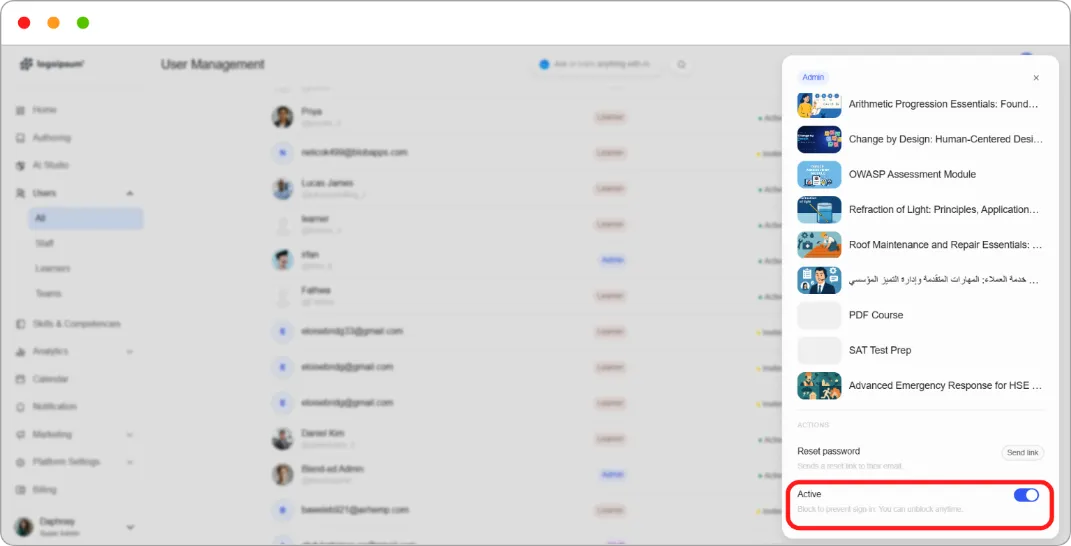 User details panel showing the Active toggle