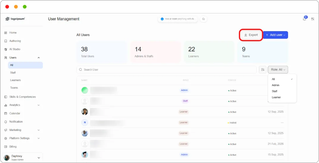 All Users page with the Export button