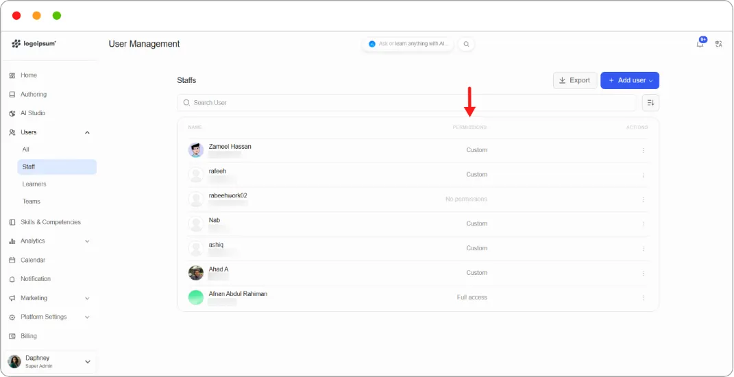 Staff tab showing the Permissions column