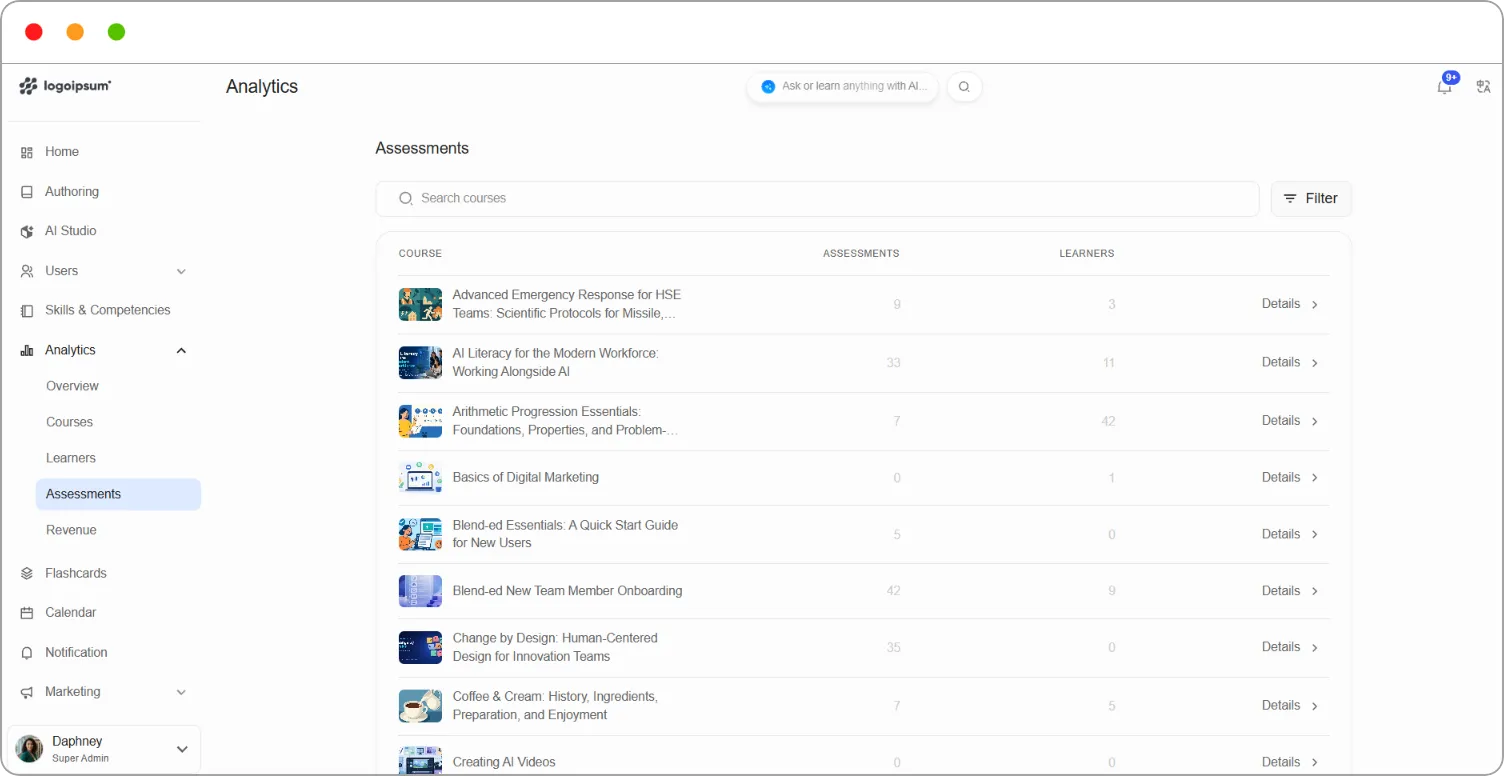 Assessments page listing courses with Assessments and Learners counts