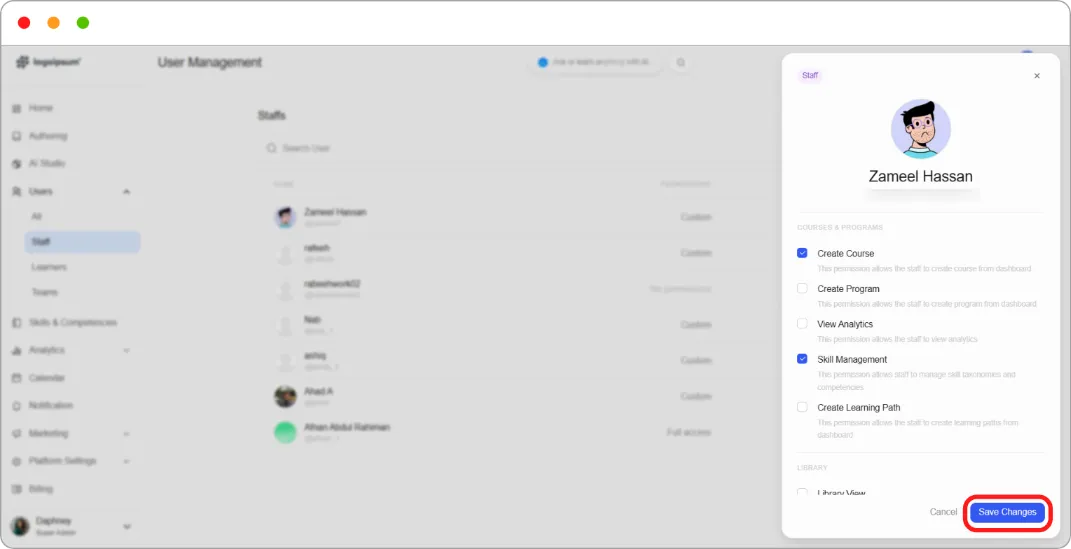 Permissions panel