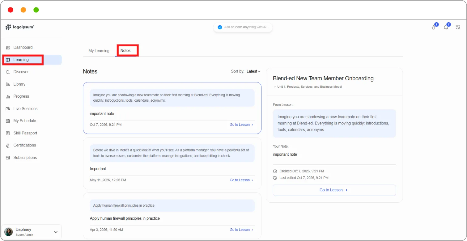 Learning > Notes tab with a note selected and its details on the right