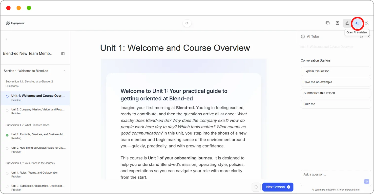 AI Tutor panel showing an answer, the Current lesson card and the Ask a question box