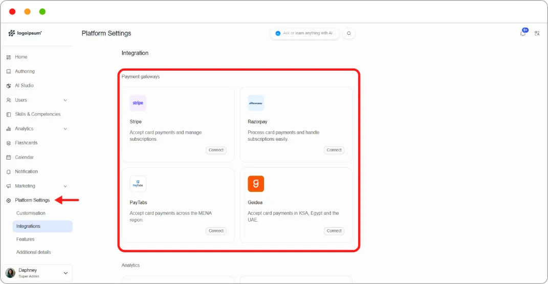 Integrations page showing the four payment gateway cards