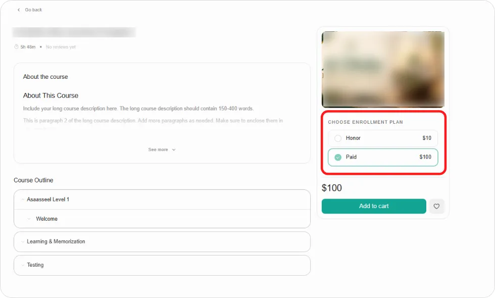 Mode & Pricing showing a free Honor card and a paid card with its price