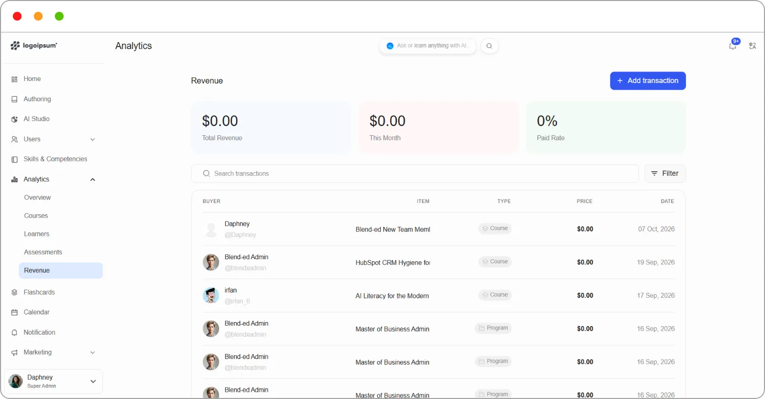 Revenue page with the summary cards and the transaction list