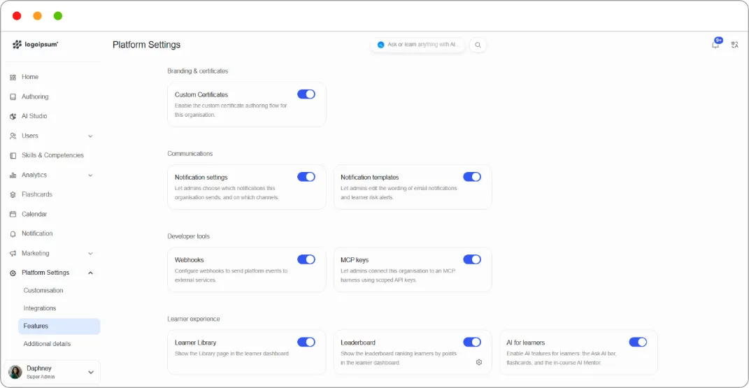 Features page showing Content & delivery and Commerce groups