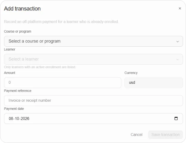 Add transaction window with all fields