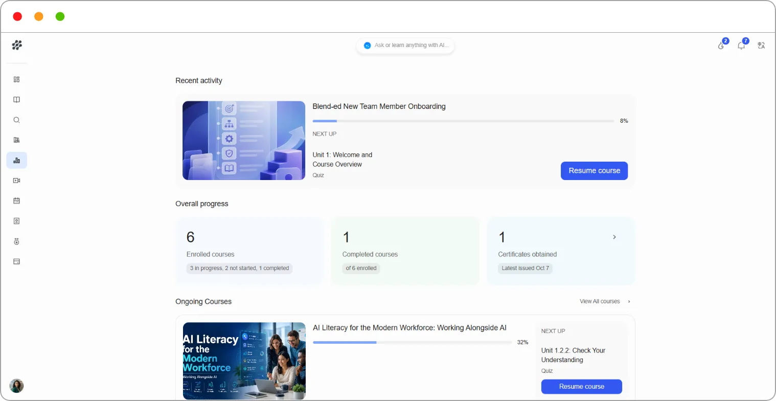 Progress page showing Recent activity, Overall progress and Ongoing Courses