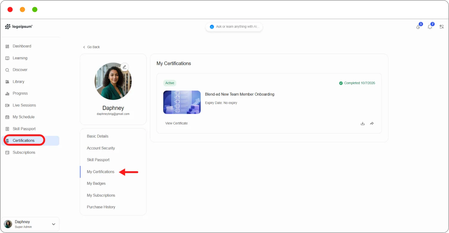 My Certifications showing one Active certificate with View Certificate, download and share icons
