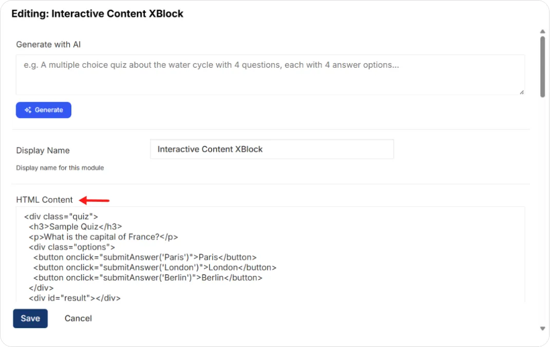 Interactive Content XBlock rendering a sample quiz