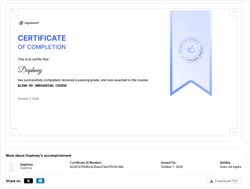 Certificate page showing the certificate and the More about accomplishment details