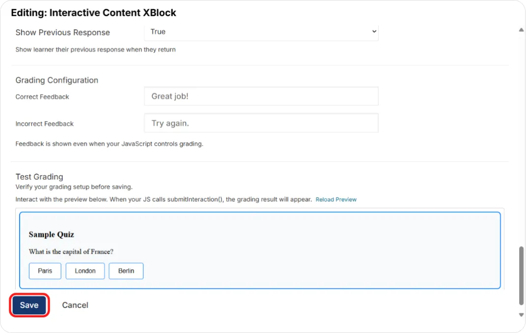 Interactive Content XBlock rendering a sample quiz