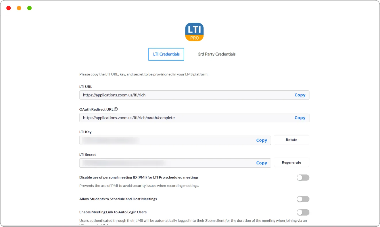 Zoom LTI Pro credential page showing LTI URL, LTI Key and LTI Secret