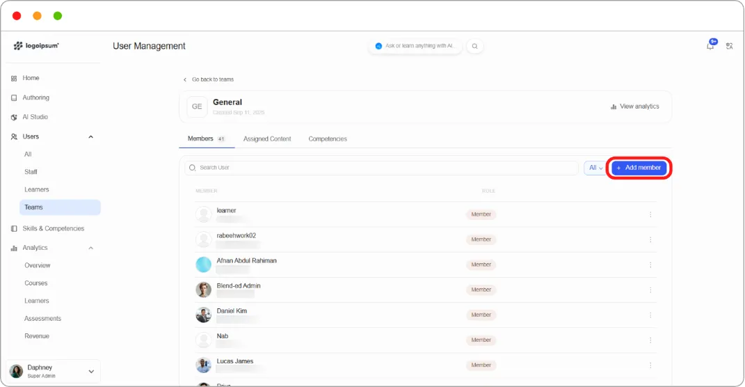 Team Members tab