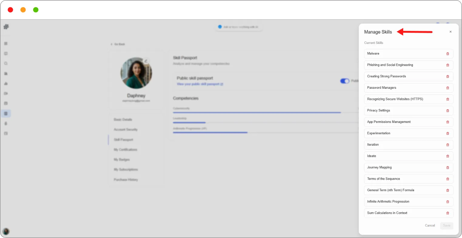 Manage Skills window with the skill list and bin icons