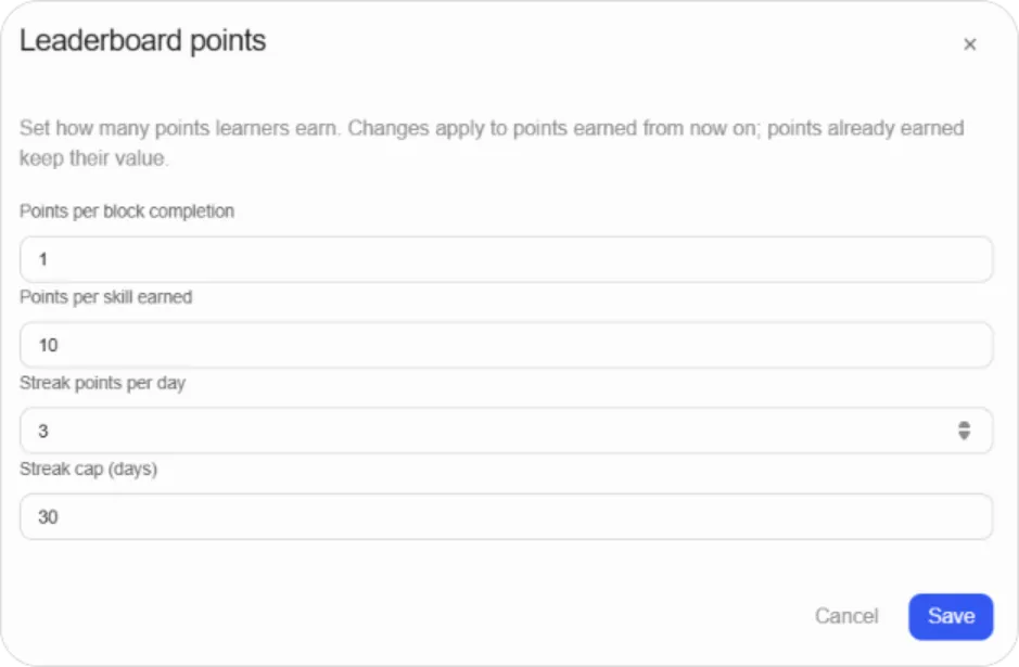 Leaderboard points dialog