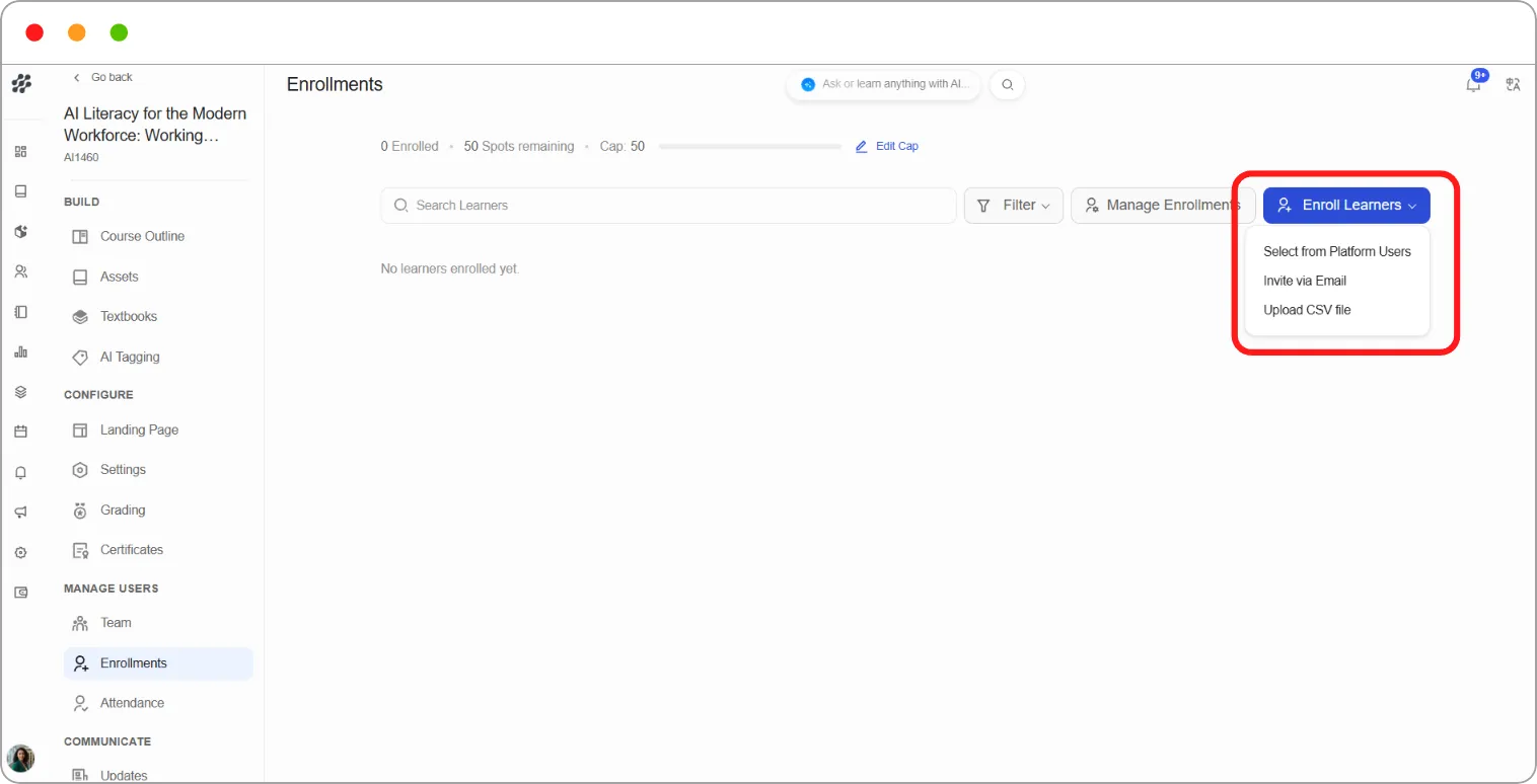 Enroll Learners dropdown