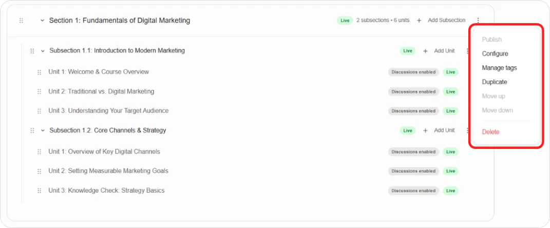 The ⋮ menu open on a Subsection row, showing all options: Publish, Configure, Manage tags, Duplicate, Move up, Move down, Delete