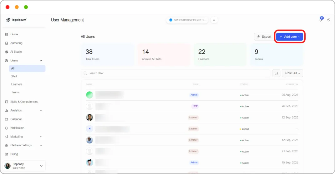 Add user dropdown showing Invite via Email and Upload CSV file