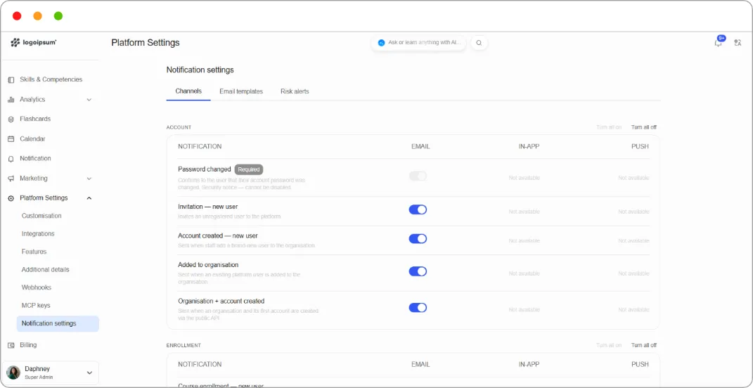 Channels tab showing the Account category