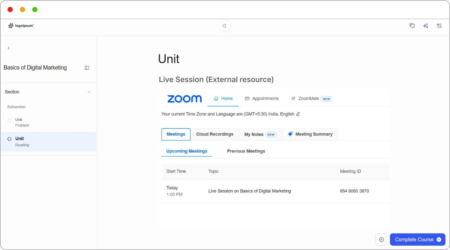 Learner view of the unit with an upcoming meeting and the Join button