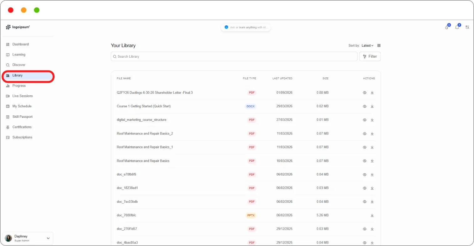Your Library showing the file list with File Type, Last Updated, Size and the Actions icons