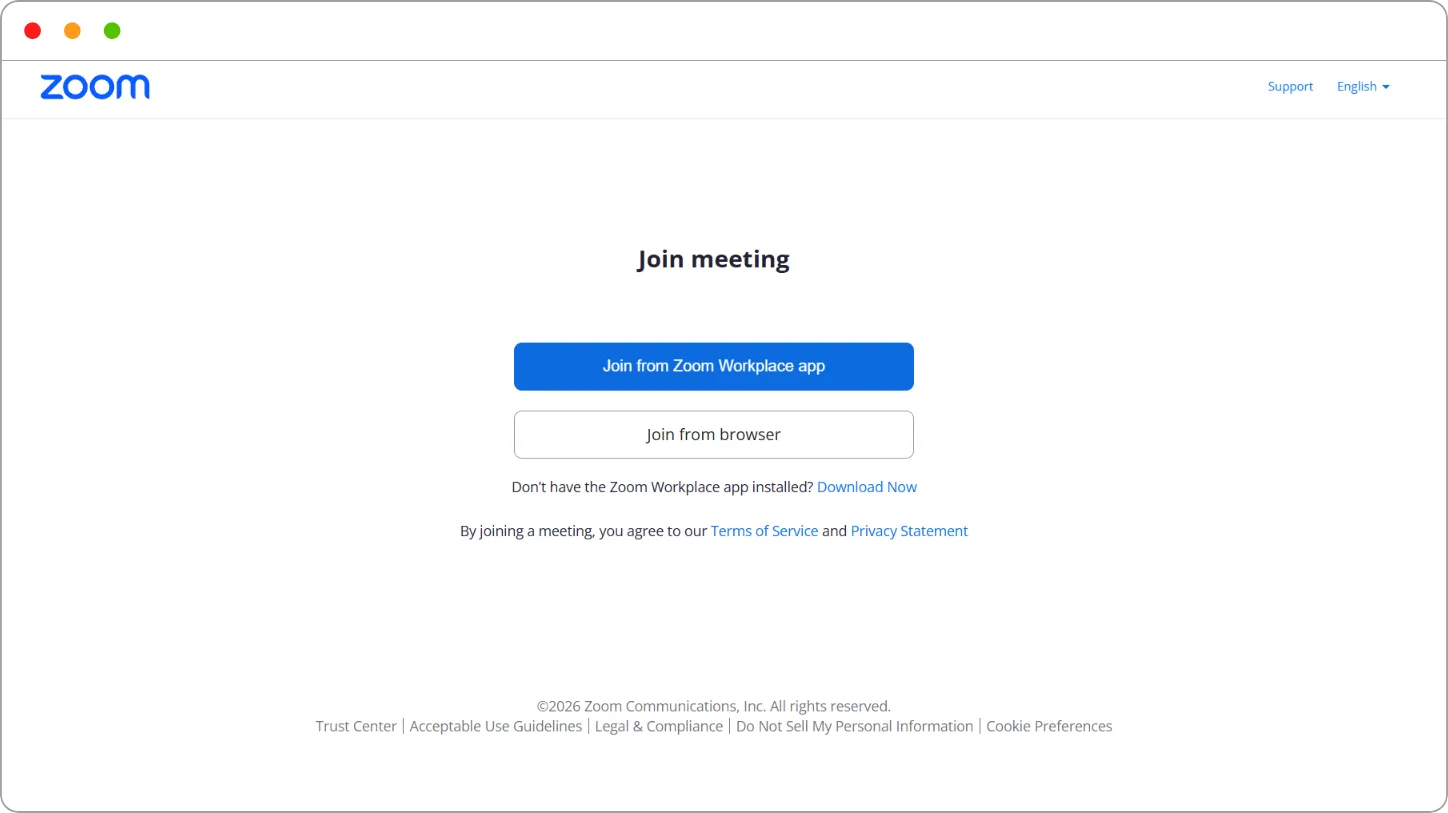 Zoom Join meeting page with Join from Zoom Workplace app and Join from browser