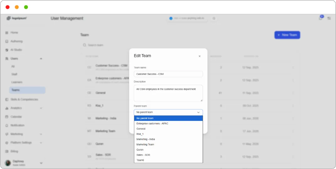 Edit Team dialog showing the Parent team field