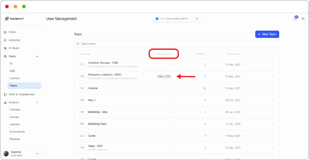 Teams list showing a team with a parent
