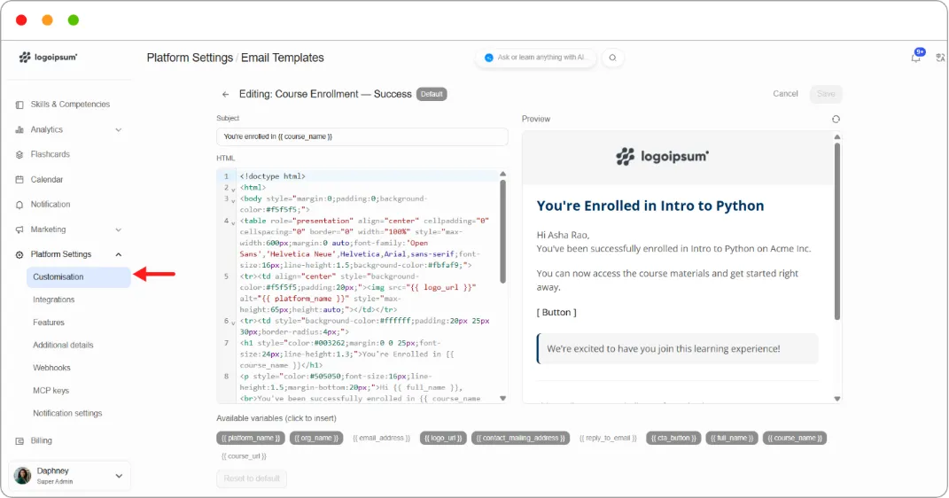 Email template editor with HTML and live preview