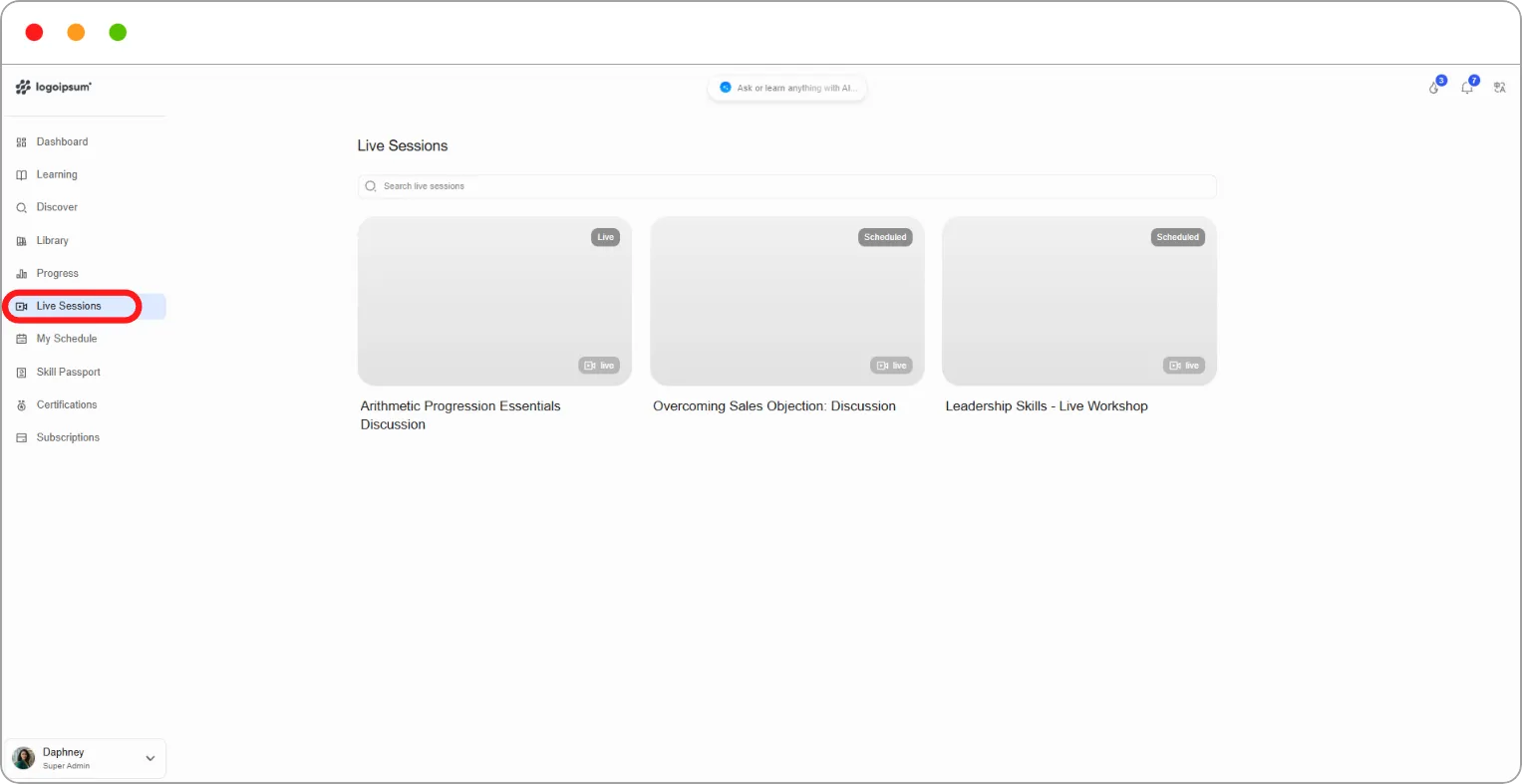 Live Sessions page with one Live session and two Scheduled sessions