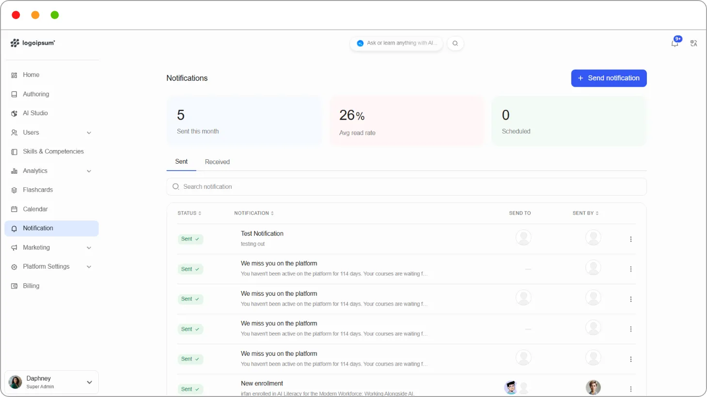 Notifications page showing the summary cards and the Sent tab