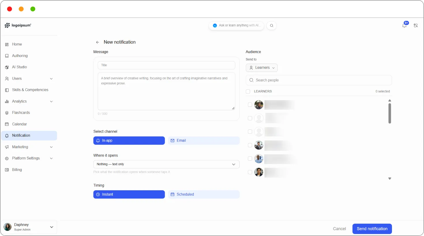 New notification page with the message, channel, Where it opens, Timing and Audience filled in