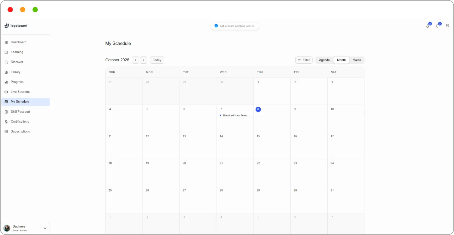 My Schedule in Month view with upcoming events