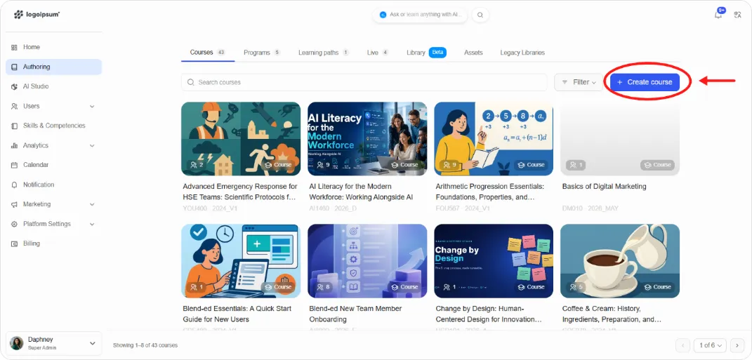 Authoring > Courses tab with the + Create course button visible top right. Annotate: circle or arrow on the button