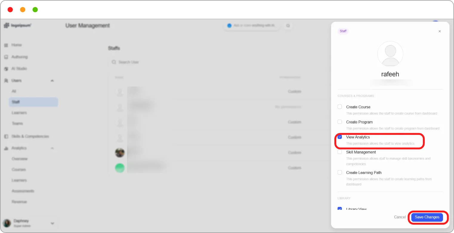 Staff permissions panel with View Analytics ticked