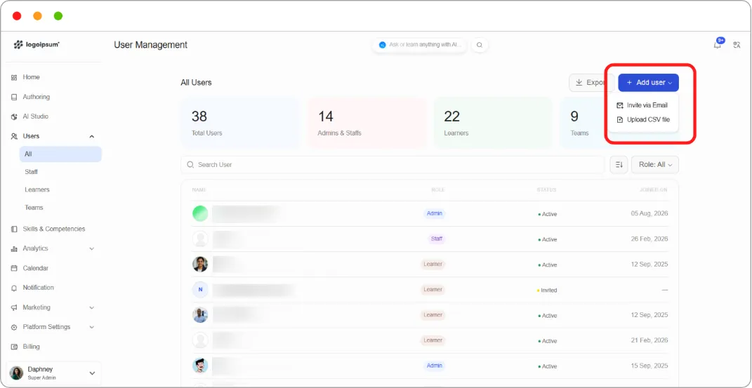 Add user dropdown showing Invite via Email and Upload CSV file