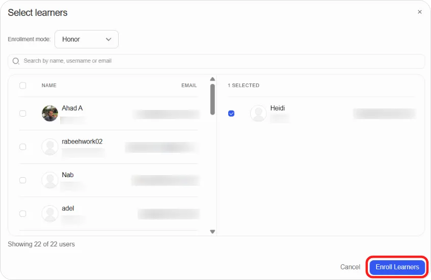 Select learners dialog