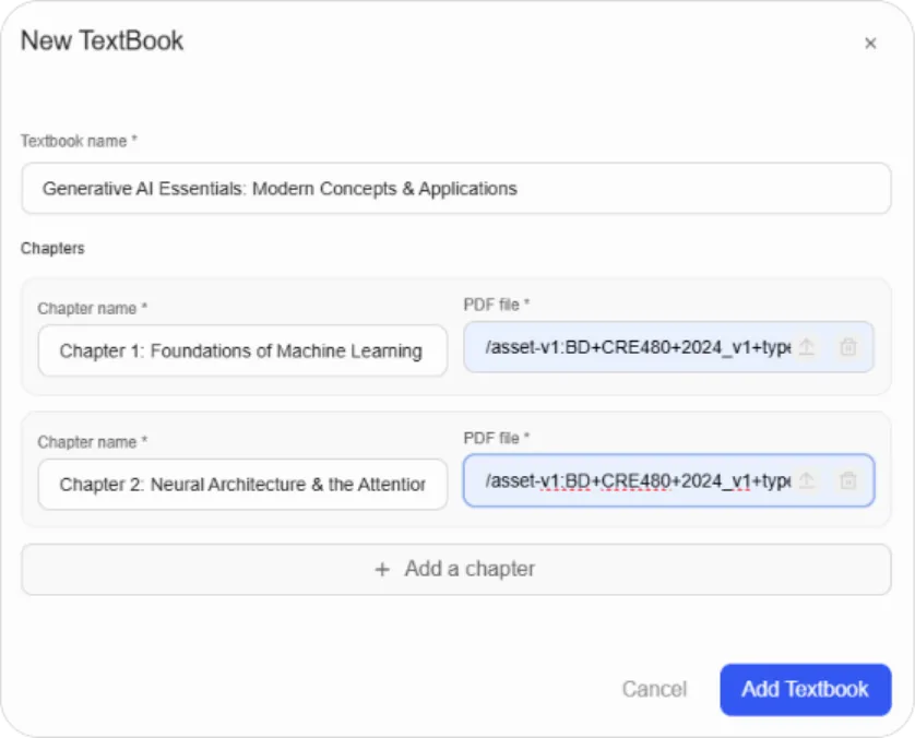 New TextBook modal with name and two chapter rows
