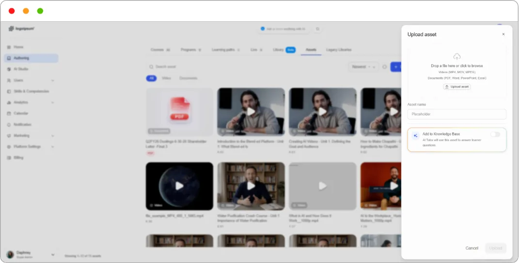 Upload asset panel