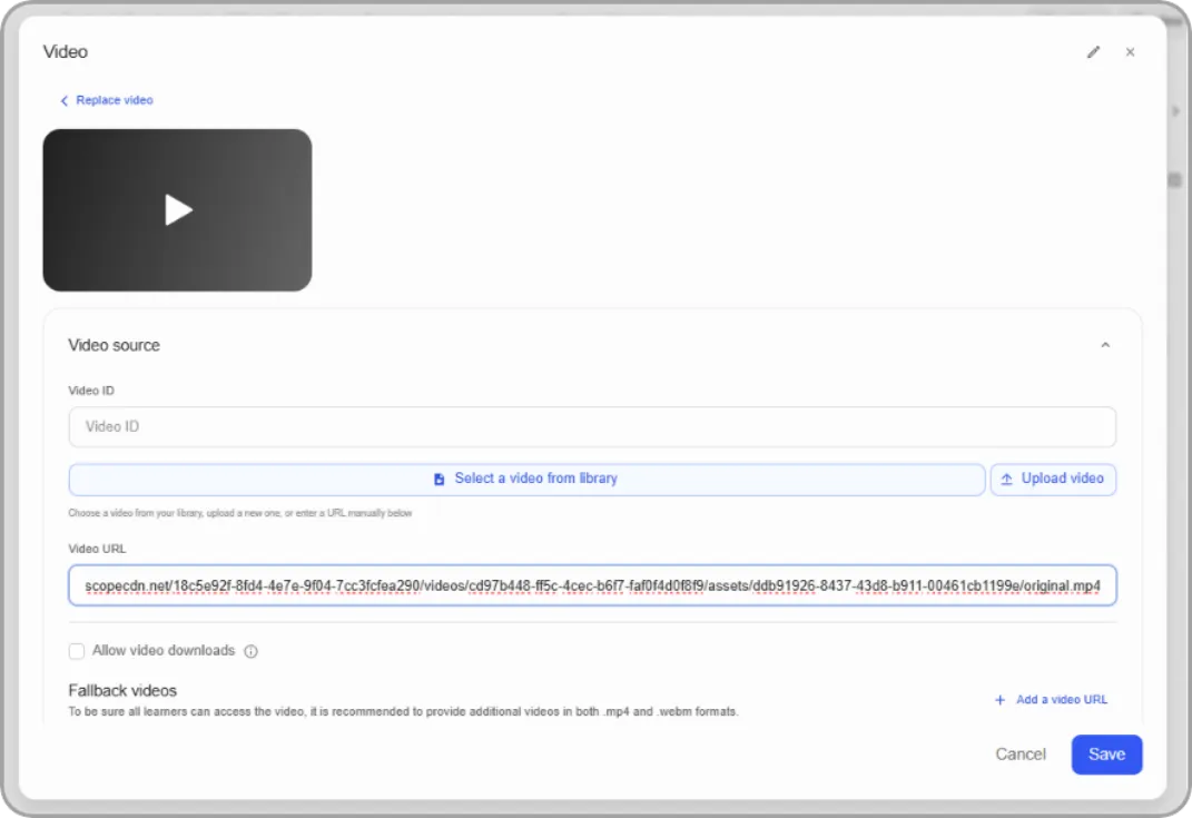 MP4 URL pasted into the Video component's Video URL field