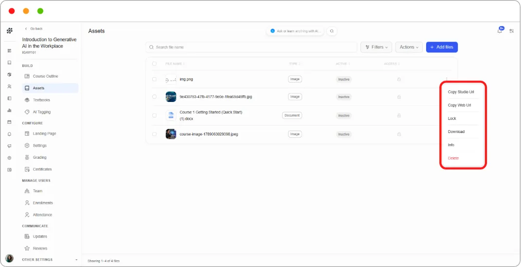 Row menu open showing Copy Studio Url, Copy Web Url, Lock, Download, Info, Delete
